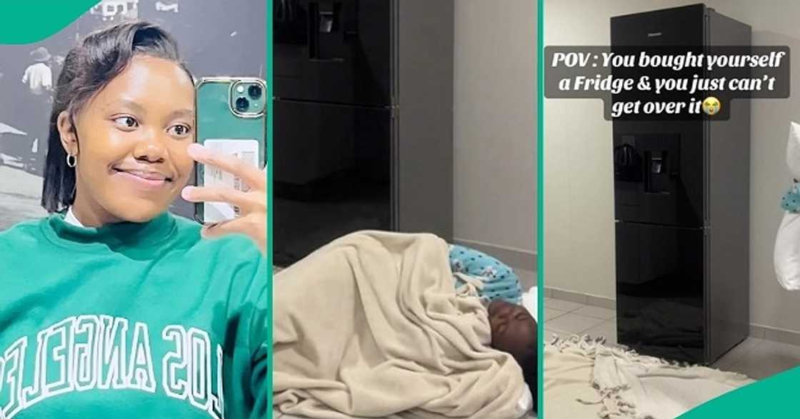 Lady shows off new fridge she bought Lady shows off new fridge she bought