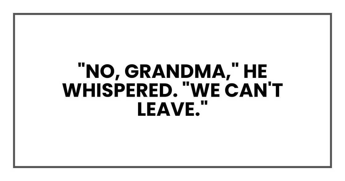 "No, Grandma," he whispered. "We can't leave." "No, Grandma," he whispered. "We can't leave."