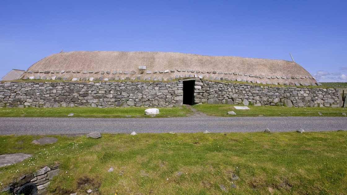 The front view of the Blackhouse in Arnol, Isle of Lewis in Scotland.