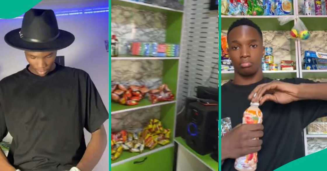 Young man eats many things at mother's shop