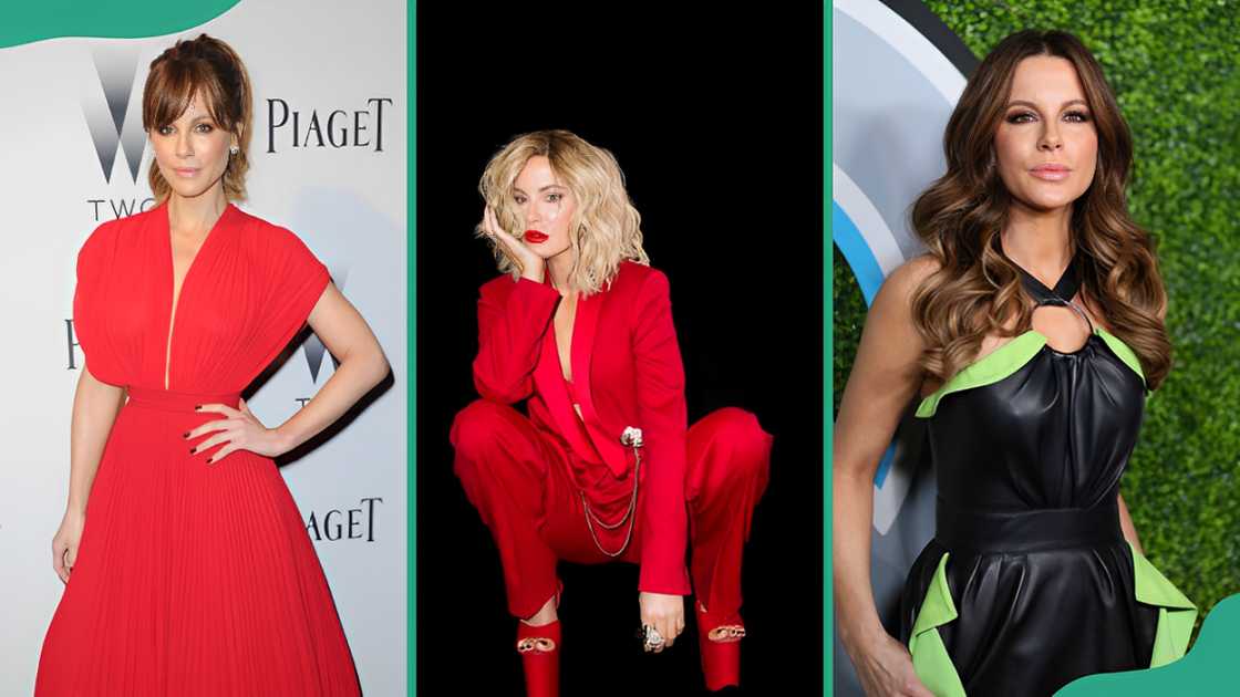 Kate Beckinsale's dark and light brunette ponytail with a fringe (L), blonde textured shoulder cut hairstyle (C) and Relaxed waves (R) hairstyles Kate Beckinsale's dark and light brunette ponytail with a fringe (L), blonde textured shoulder cut hairstyle (C) and Relaxed waves (R) hairstyles