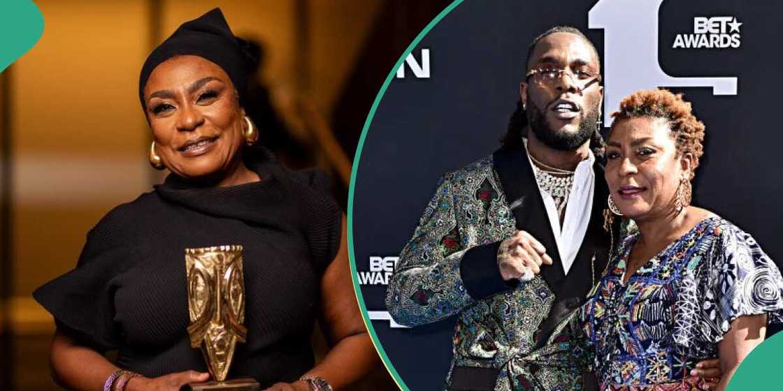 Burna Boy's mum Bose Ogulu with her History Maker Award 2023 plaque, Burna Boy and mum at BET Awards Burna Boy's mum Bose Ogulu with her History Maker Award 2023 plaque, Burna Boy and mum at BET Awards