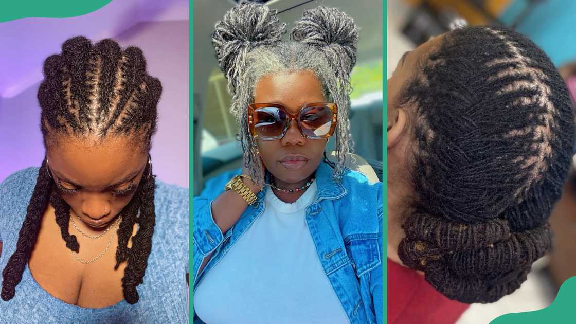 Back cornrows (L), twin buns (C), two cornrows (R) sisterlocks