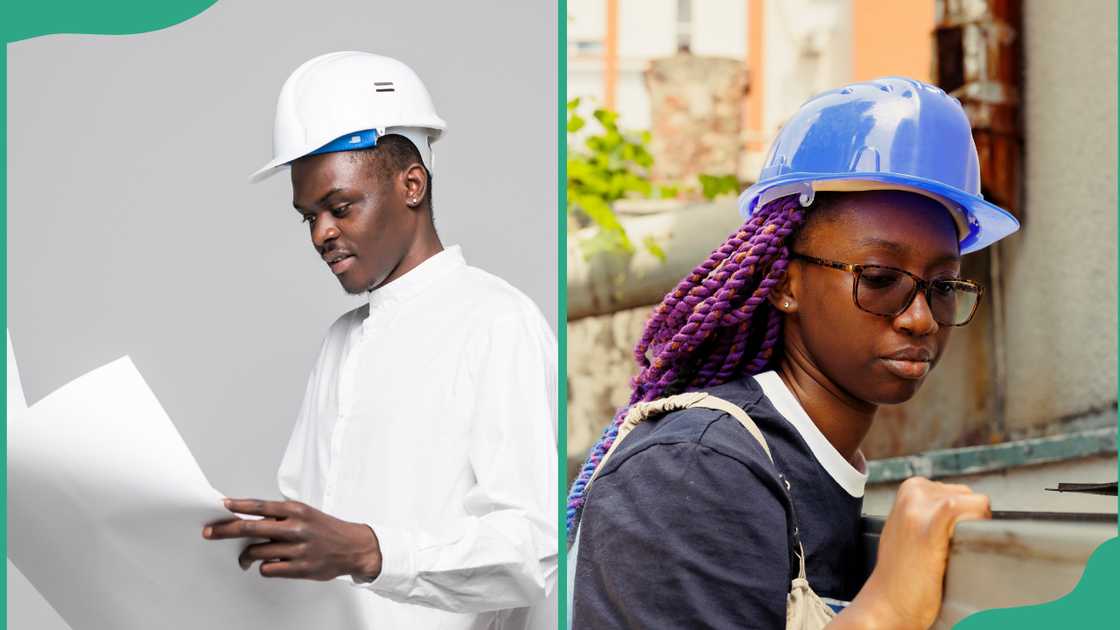 Architecture student studying a plan and another at work