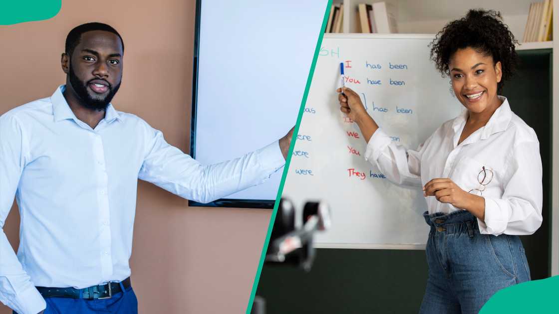 Teachers pointing at white boards Teachers pointing at white boards