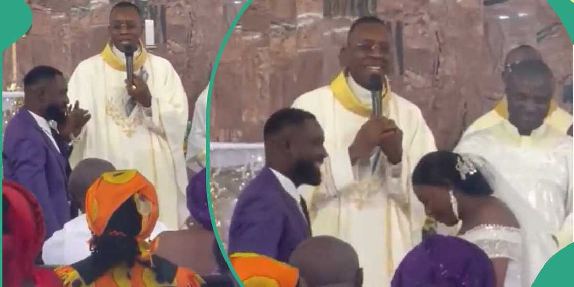 Priest stops groom from kissing too long. Priest stops groom from kissing too long.