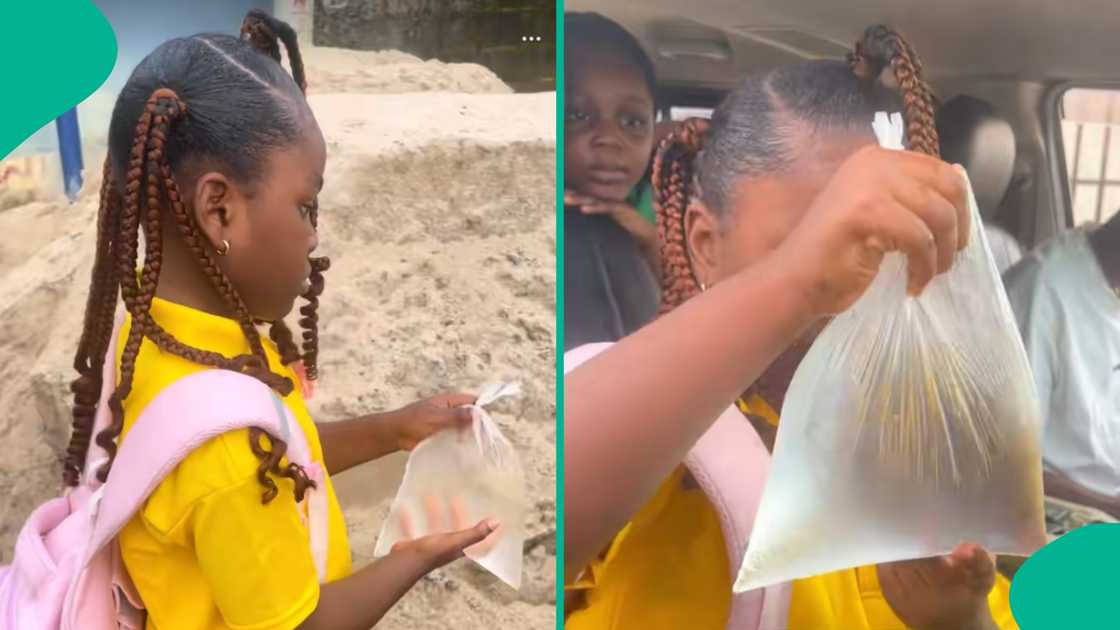 Nigerian mother replaces daughter's lost water bottles with nylon bag. Nigerian mother replaces daughter's lost water bottles with nylon bag.