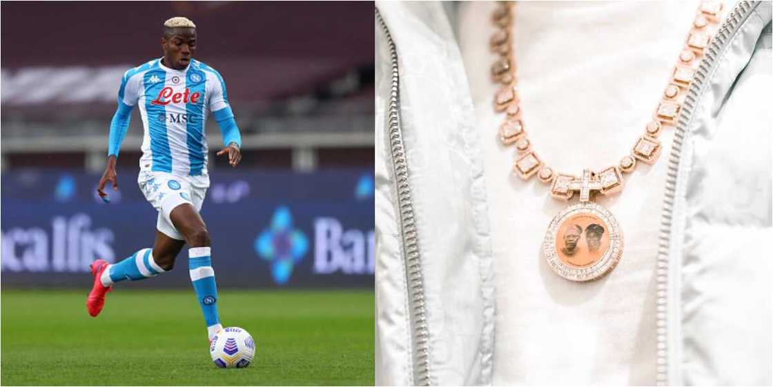 Super Eagles Star Who Can't Stop Scoring Shows Off Expensive Customised Gold Chain With Photo Of Late Parents