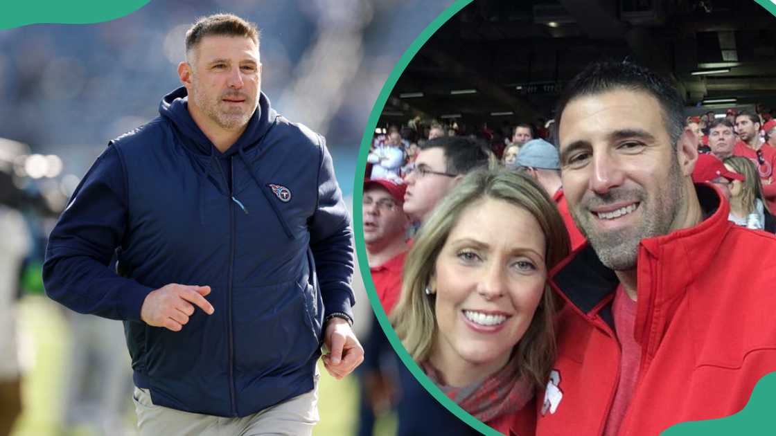 Mike Vrabel runs on the field during a game at Nissan Stadium (L). The NFL coach posing with his wife Jennifer (R)