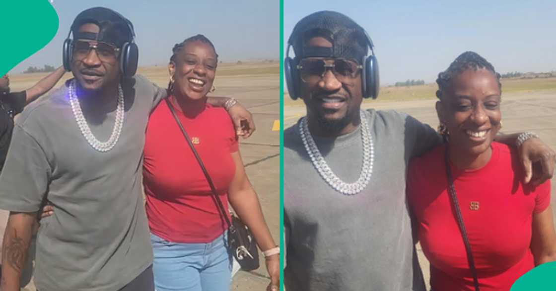 Lady meets her primary school classmate Peter Okoye at airport.