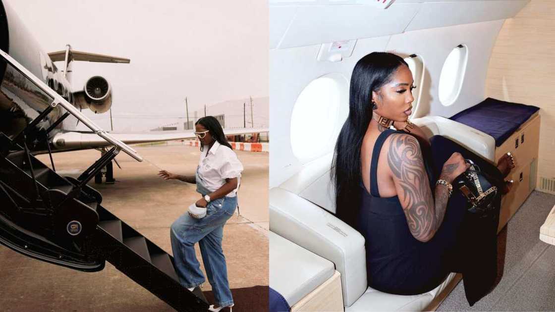 Tiwa Save boarding her aircraft and sitting inside it Tiwa Save boarding her aircraft and sitting inside it