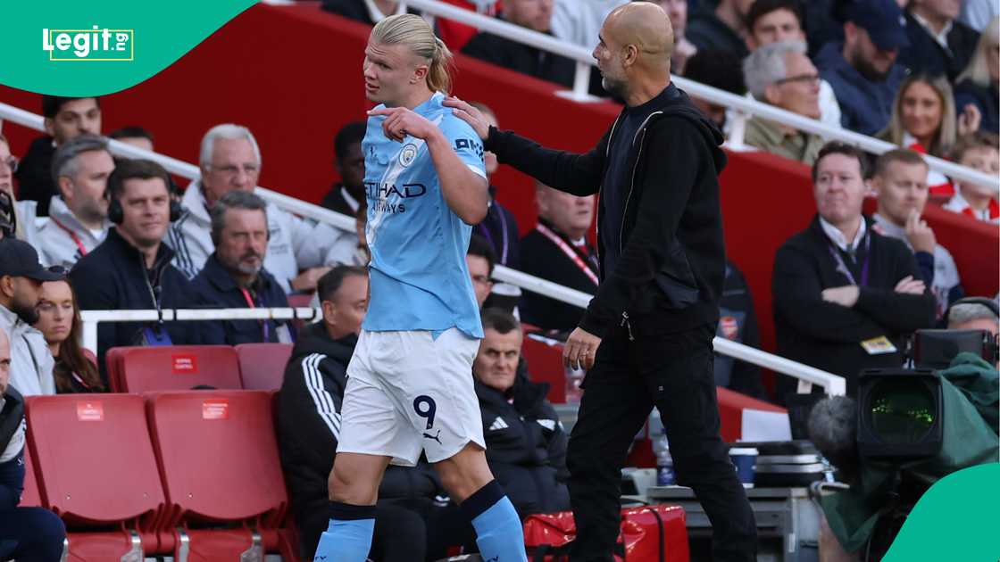 Erling Haaland, Pep Guardiola, Arsenal, Manchester City, Emirates Stadium, London, England, Premier League Erling Haaland, Pep Guardiola, Arsenal, Manchester City, Emirates Stadium, London, England, Premier League