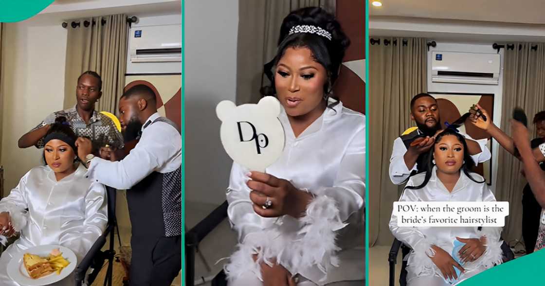 Nigerian groom who is a haristylist installs his wife's bridal wig on wedding day