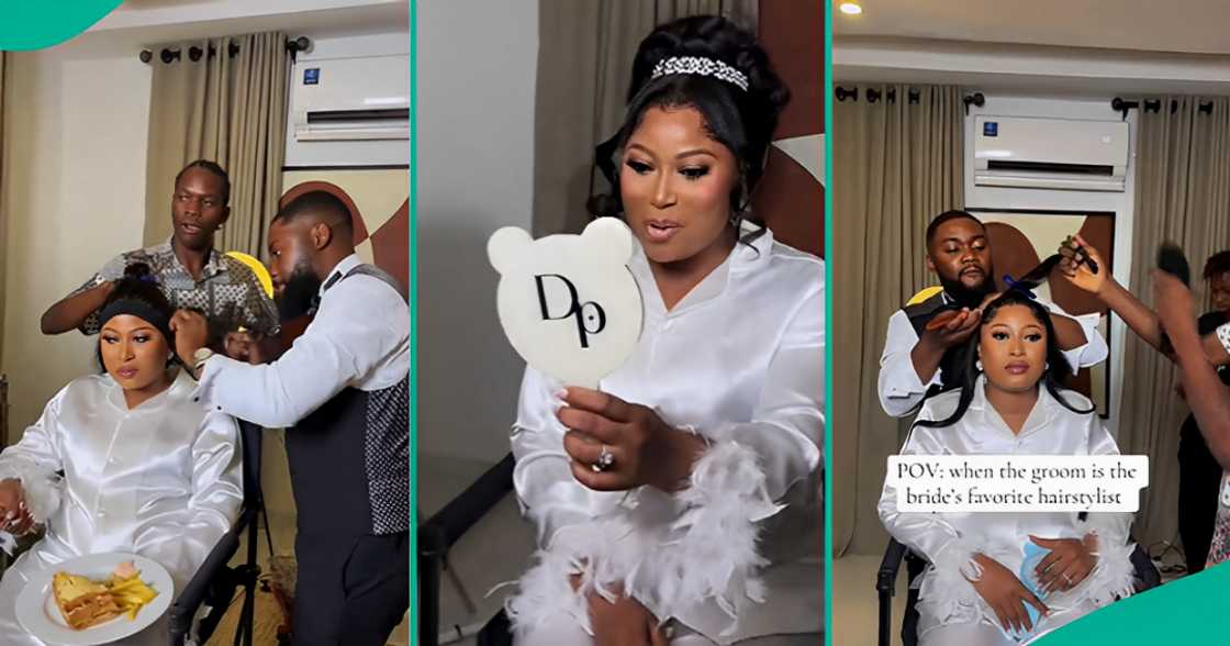Nigerian groom who is a haristylist installs his wife's bridal wig on wedding day Nigerian groom who is a haristylist installs his wife's bridal wig on wedding day