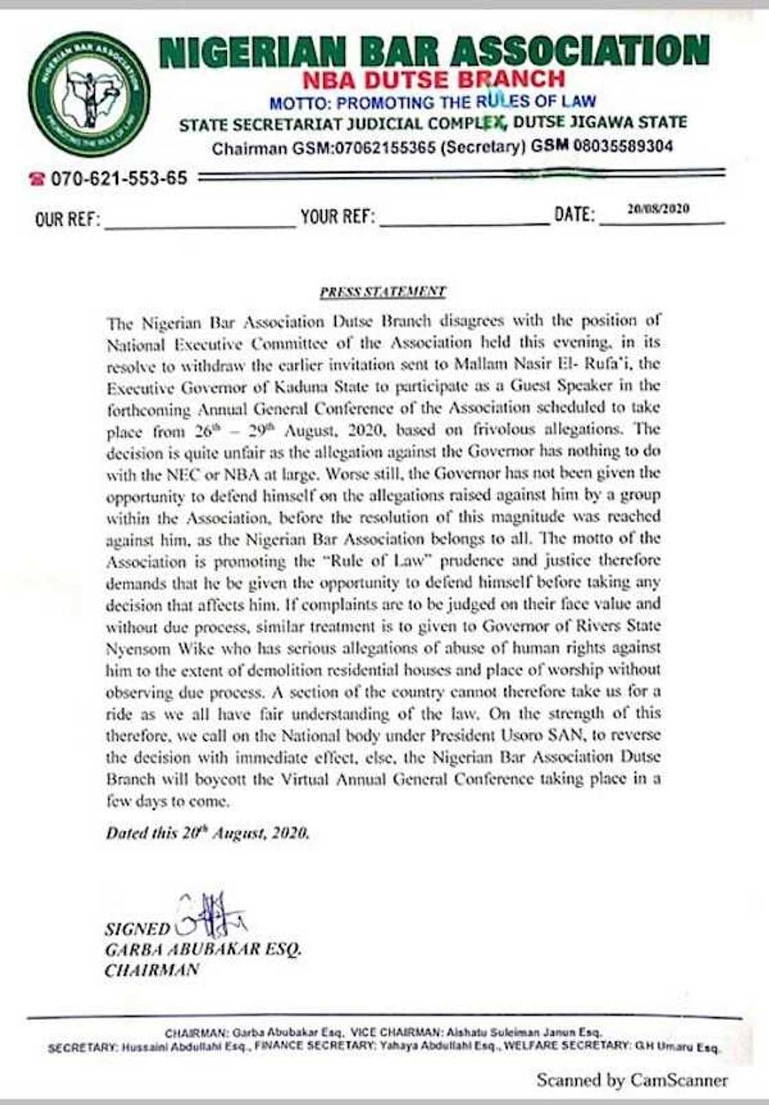 Muna bayan El-Rufa'i, ba zamu hakarci taronku ba - Kungiyar Lauyoyi NBA na Jigawa sun yi uwar kungiyar martani Muna bayan El-Rufa'i, ba zamu hakarci taronku ba - Kungiyar Lauyoyi NBA na Jigawa sun yi uwar kungiyar martani