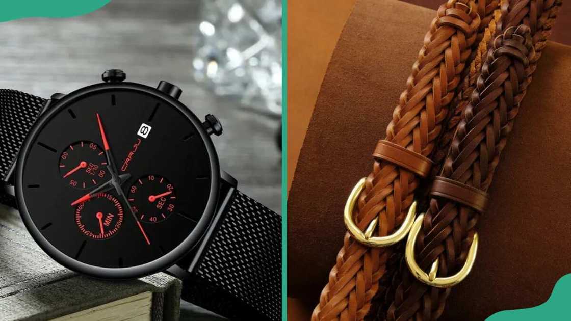 A black casual watch (L). Two woven leather belts (R). A black casual watch (L). Two woven leather belts (R).