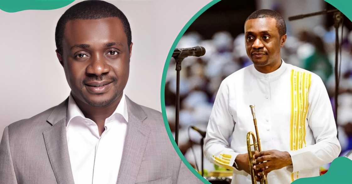 Nathaniel Bassey poses standing in a grey suit (L). The singer is pictured in a white outfit on stage during a performance (R).