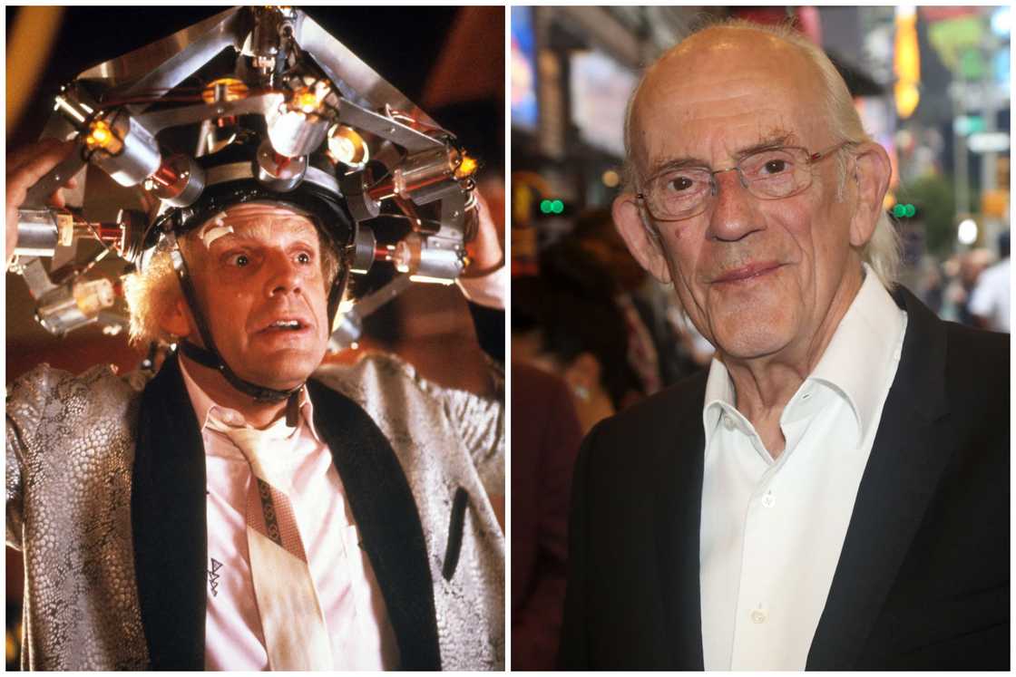 Actor Christopher Lloyd wearing a concoction on his head (L). He attends a night gala performance (R)