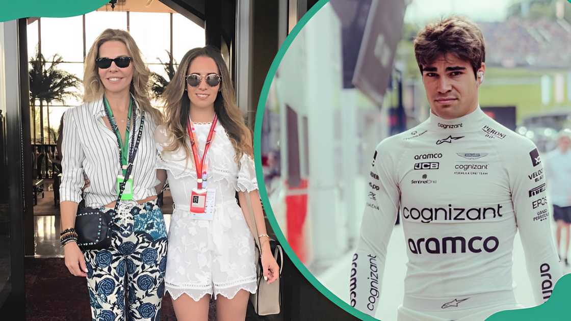 Claire-Anne Stroll with her daughter Chloe (L) and Lance Stroll in white sportswear (R).