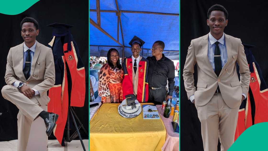 Conrad takes pictures with his family after graduating with first class Conrad takes pictures with his family after graduating with first class