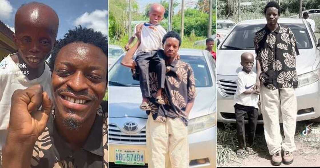 Man celebrates his dad who has a small stature. Man celebrates his dad who has a small stature.