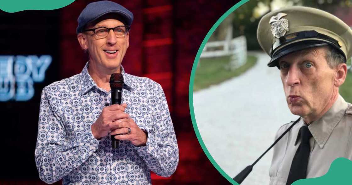 Rik Roberts performs on stage (L). The performer poses in a police costume (R).