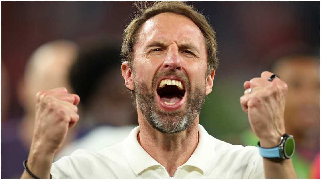 Gareth Southgate screams with joy after England reach Euro 2024 final.