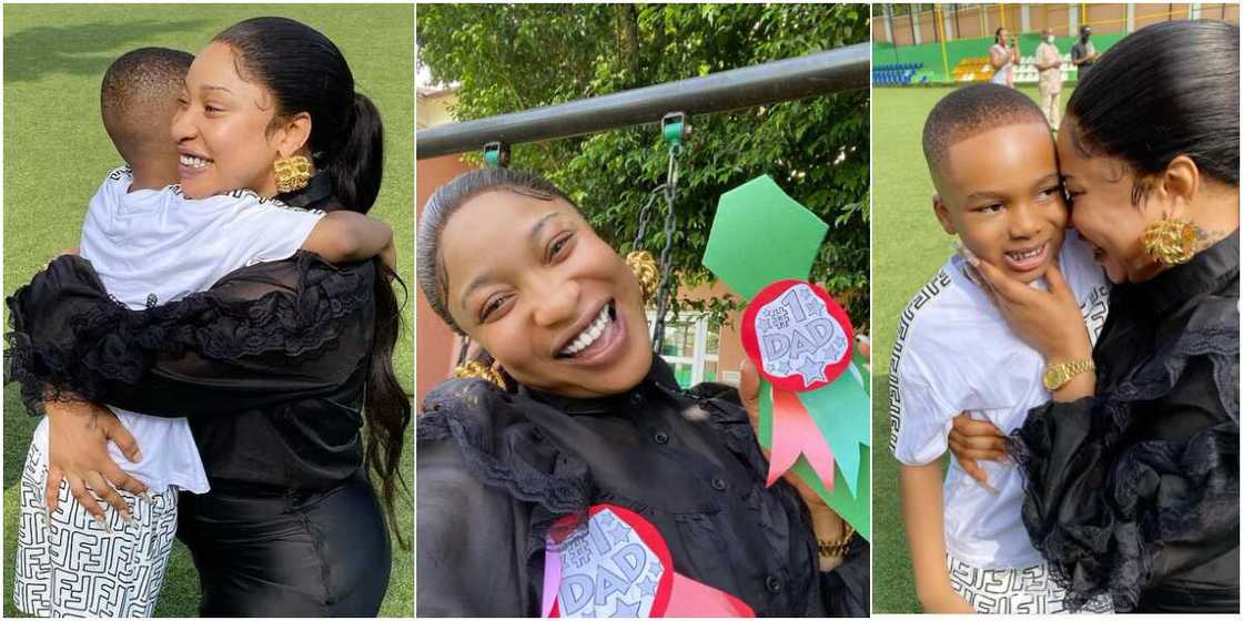 Tonto Dikeh happily celebrates with her son in his school.
