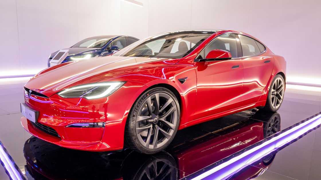 A Tesla Model S Plaid full electric sedan displayed at the Brussels Expo in Brussels, Belgium. A Tesla Model S Plaid full electric sedan displayed at the Brussels Expo in Brussels, Belgium.