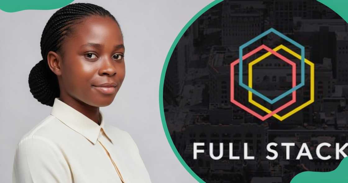 A Nigerian full stack developer poses for a portrait, The logo for Full Stack