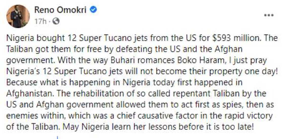 Reno Omokri goofed, FG purchased Tucano jets at $423m, not $593m Reno Omokri goofed, FG purchased Tucano jets at $423m, not $593m