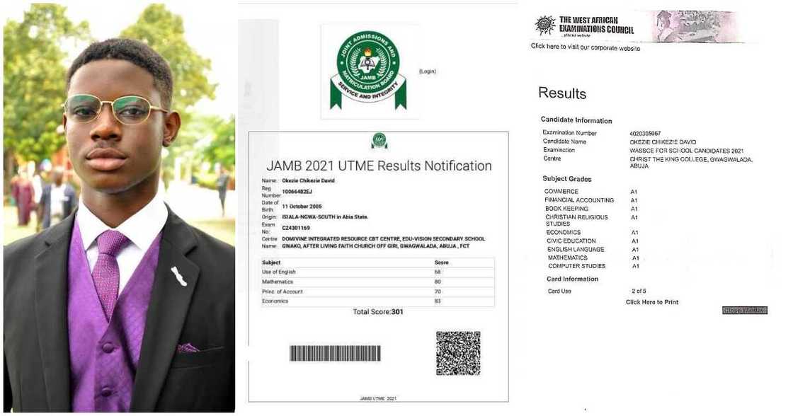 Brilliant 16-year-old boy who scored 9 A's in WAEC exams and 301 in JAMB says he wants to be an accountant Brilliant 16-year-old boy who scored 9 A's in WAEC exams and 301 in JAMB says he wants to be an accountant