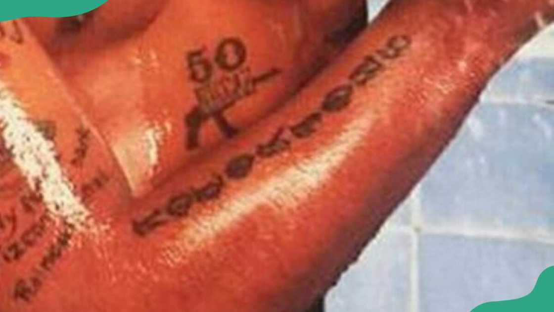 The rapper's Notorious forearm tattoo The rapper's Notorious forearm tattoo