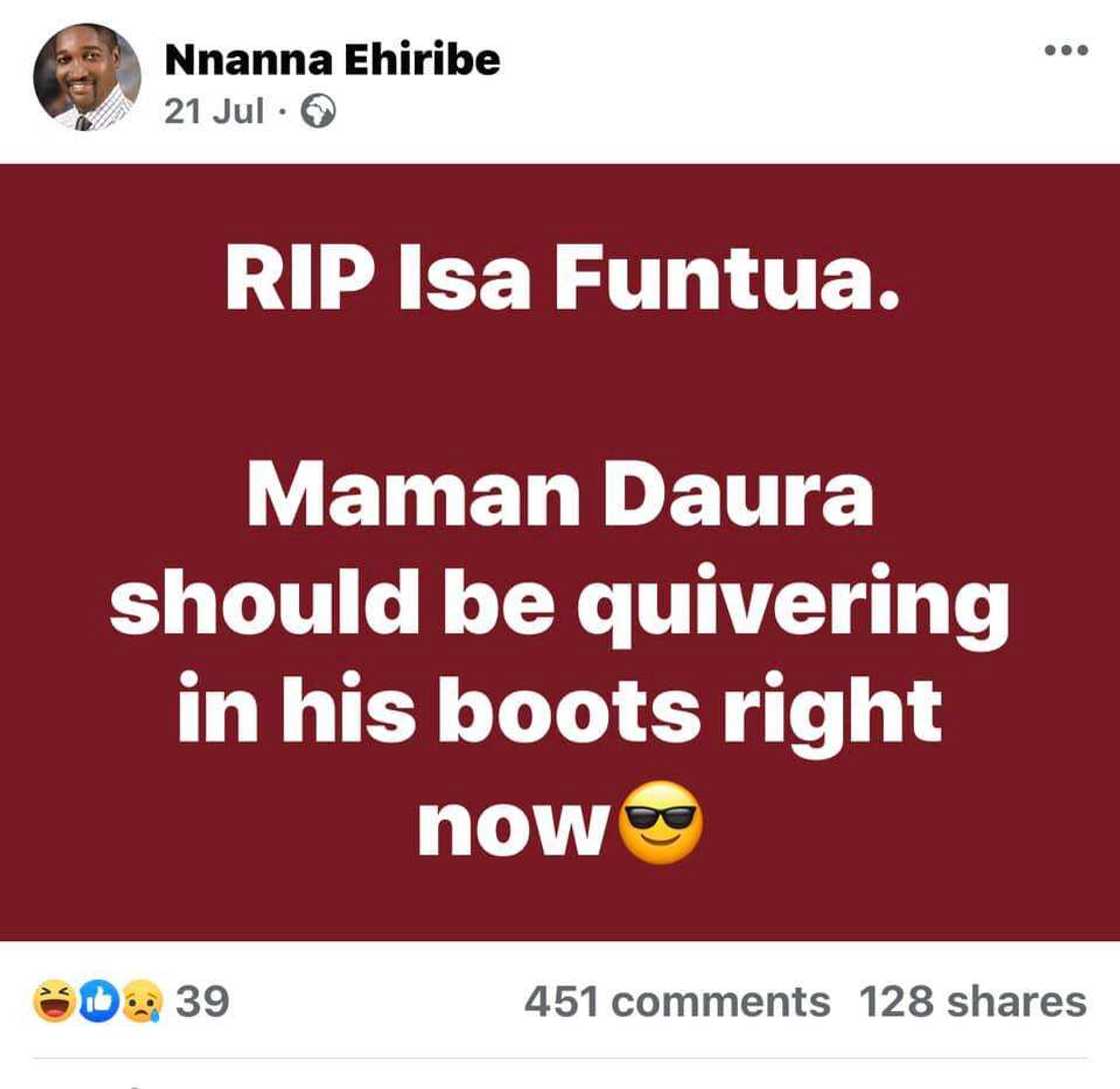 Lauyan da yayi murnar mutuwar Kyari da Funtua, da fatan mutuwar Buhari ya rasu Lauyan da yayi murnar mutuwar Kyari da Funtua, da fatan mutuwar Buhari ya rasu