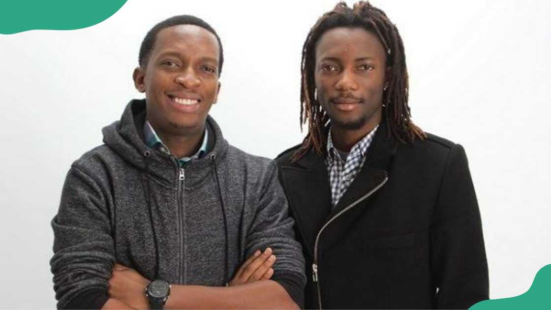 Paystack founders Shola Akinlade and Ezra Olubi posing for a picture in a solid background. Paystack founders Shola Akinlade and Ezra Olubi posing for a picture in a solid background.