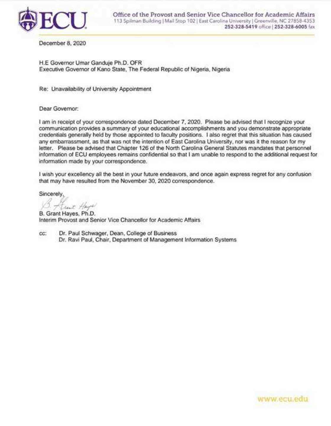 Mun yarda ka yi karatu sosai, amma kayi hakuri: Jami'ar East Carolina ta baiwa Ganduje hakuri