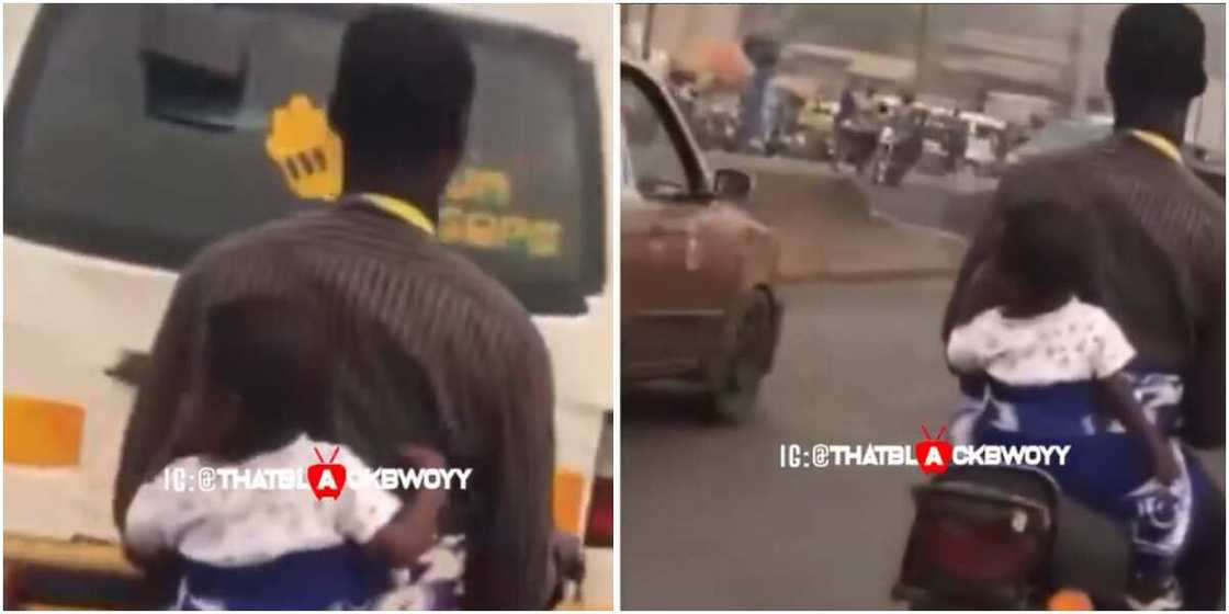 A Nigerian man could be seen backing a baby on bike A Nigerian man could be seen backing a baby on bike