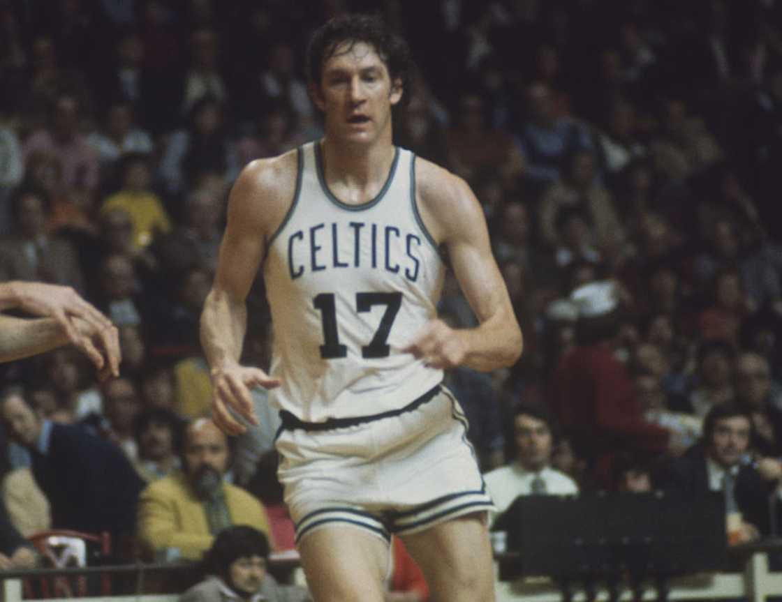 John Havlicek runs during a game at the Boston Garden circa