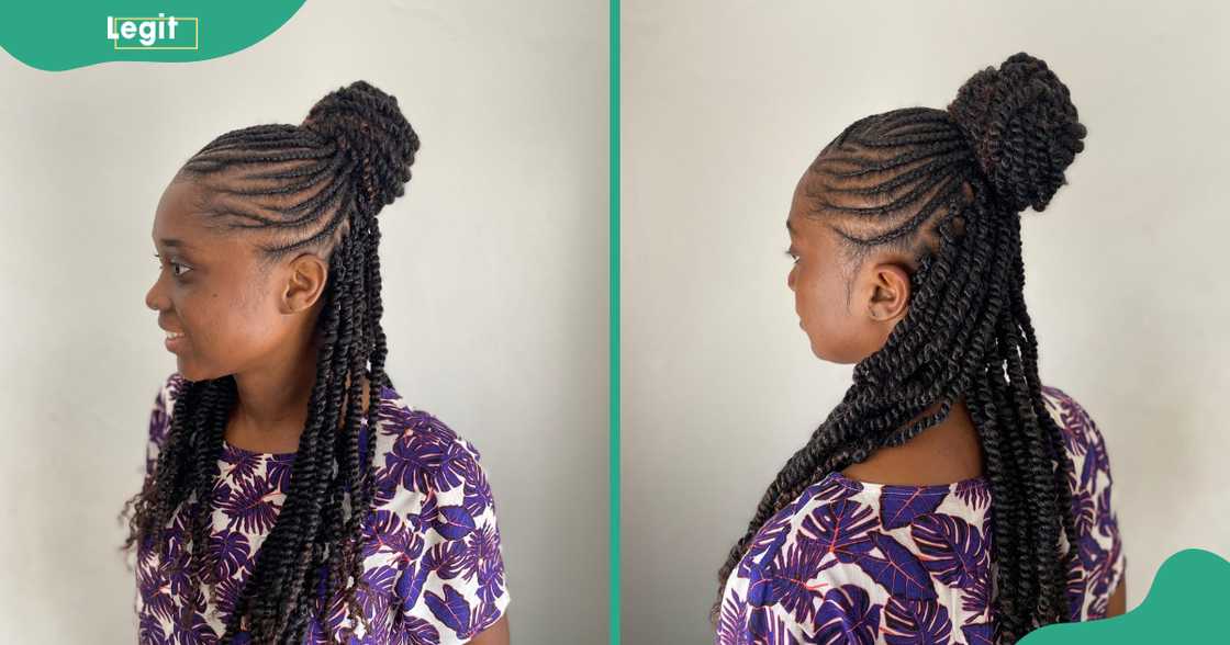 A woman displays her passion twists with cornrows