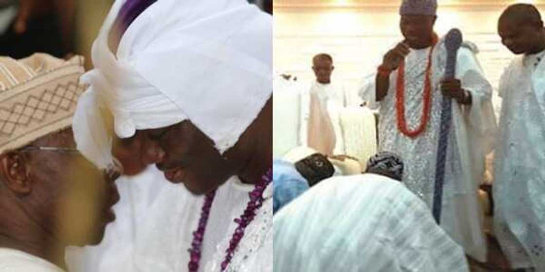 In photos: X times ex-president Olusegun Obasanjo respects tradition, kneels down for kings