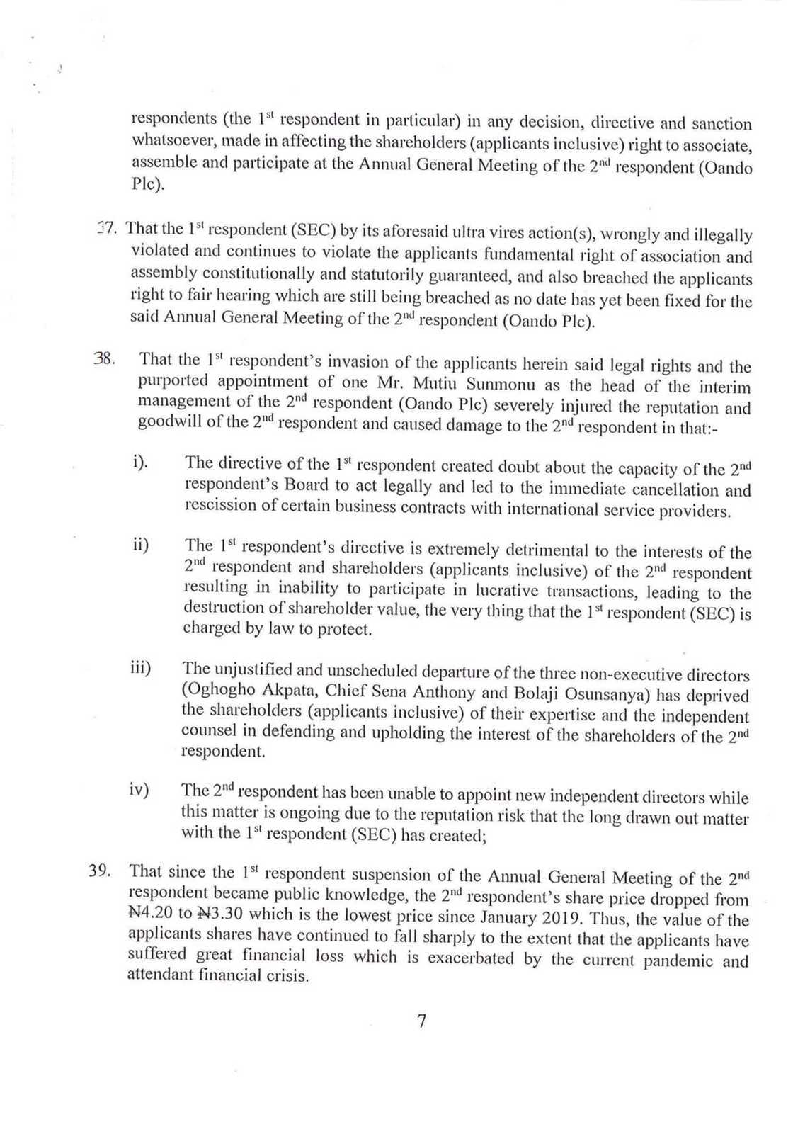 Oando shareholders have taken SEC to court to challenge penalties against Oando in May 31st letter