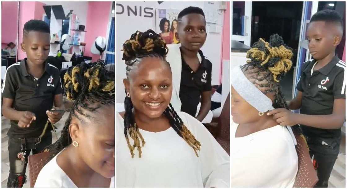 Photos of a black boy making fine hair for a black lady. Photos of a black boy making fine hair for a black lady.