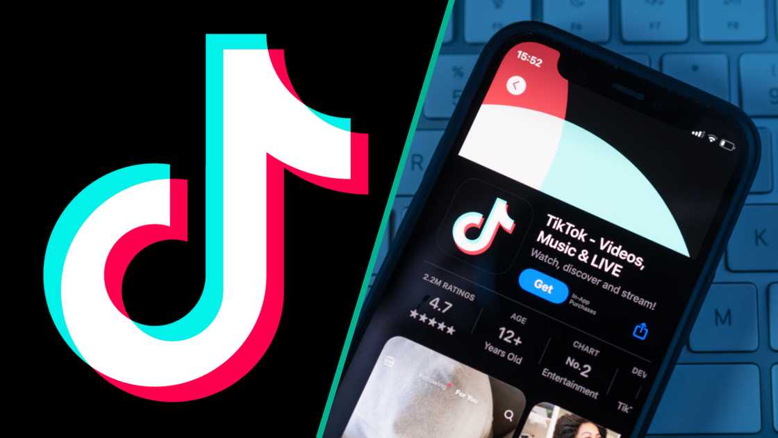 TikTok logo (L). The TikTok app is displayed on a smartphone (R)