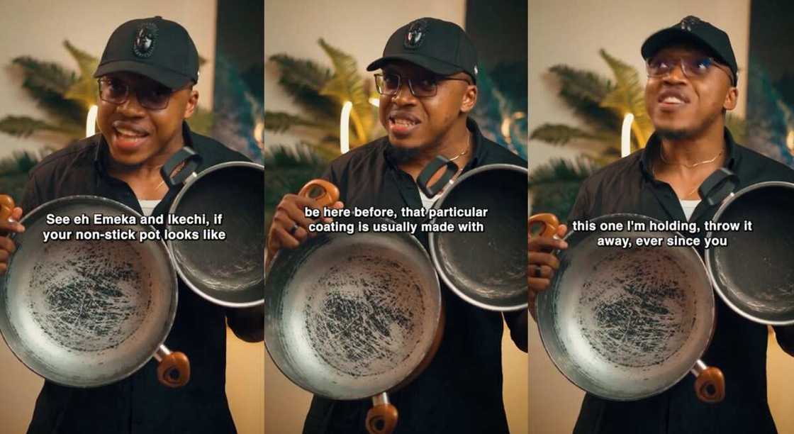 Photos of a doctor demostrating with non-stick pots.