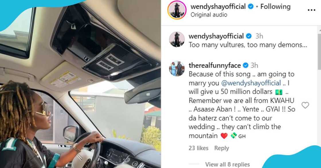 Funny Face's comment under Wendy Shay's post