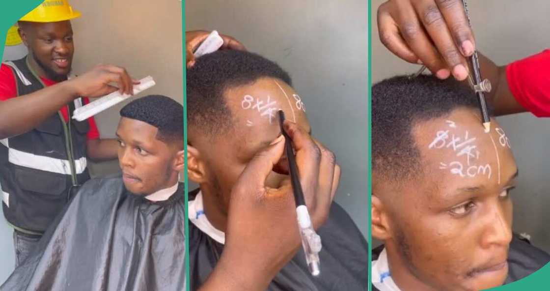 Video of barber using pencil to solve maths on man's head Video of barber using pencil to solve maths on man's head