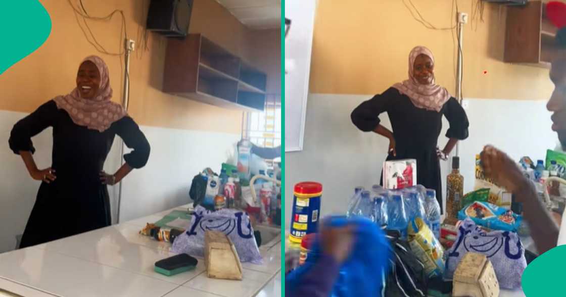 Dr Aminah Badmos, a lecturer at the Federal University of Agriculture, Abeokuta (FUNAAB), becomes emotional as students surprise her in class. Dr Aminah Badmos, a lecturer at the Federal University of Agriculture, Abeokuta (FUNAAB), becomes emotional as students surprise her in class.