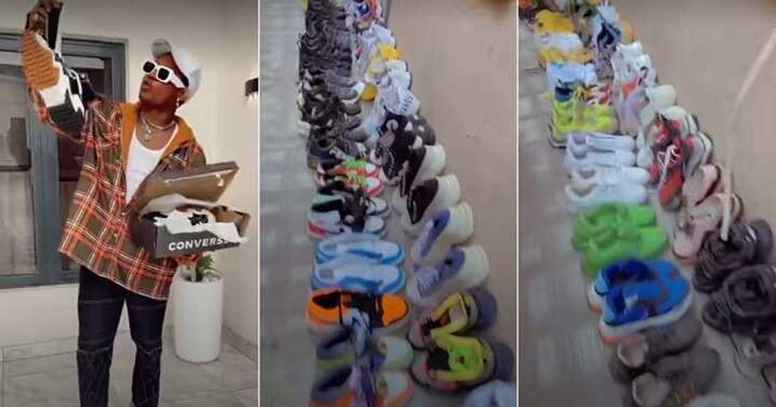 Man shows off collection of shoes Man shows off collection of shoes