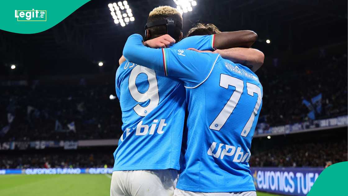 Victor Osimhen celebrates a goal with Kvaratskelia in Napoli