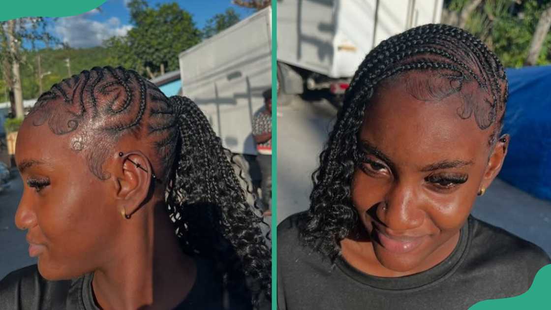 A lady shows off a half lemonade, half pony hairstyle